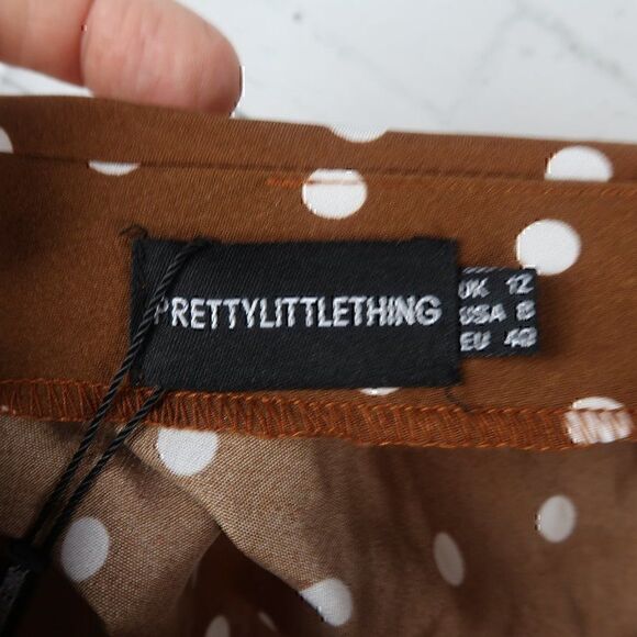 PRETTYLITTLETHING BROWN POLKA DOT PRINT TIE WRAP SKIRT SIZE 8 NWT - Picture 2 of 12